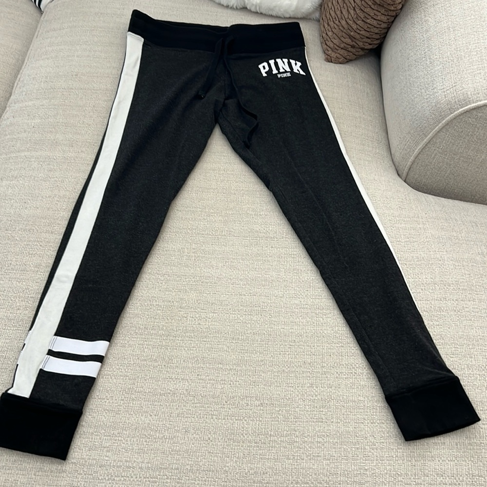 PINK Victoria Secret black joggers with white stripe down each side. Size S.